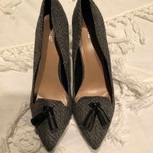 Grey heels with black faux leather tassels NWOT